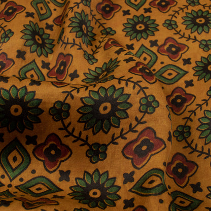 Dijon Yellow And Maroon Traditional Pattern Ajrakh Screen Print Viscose Modal Satin Fabric