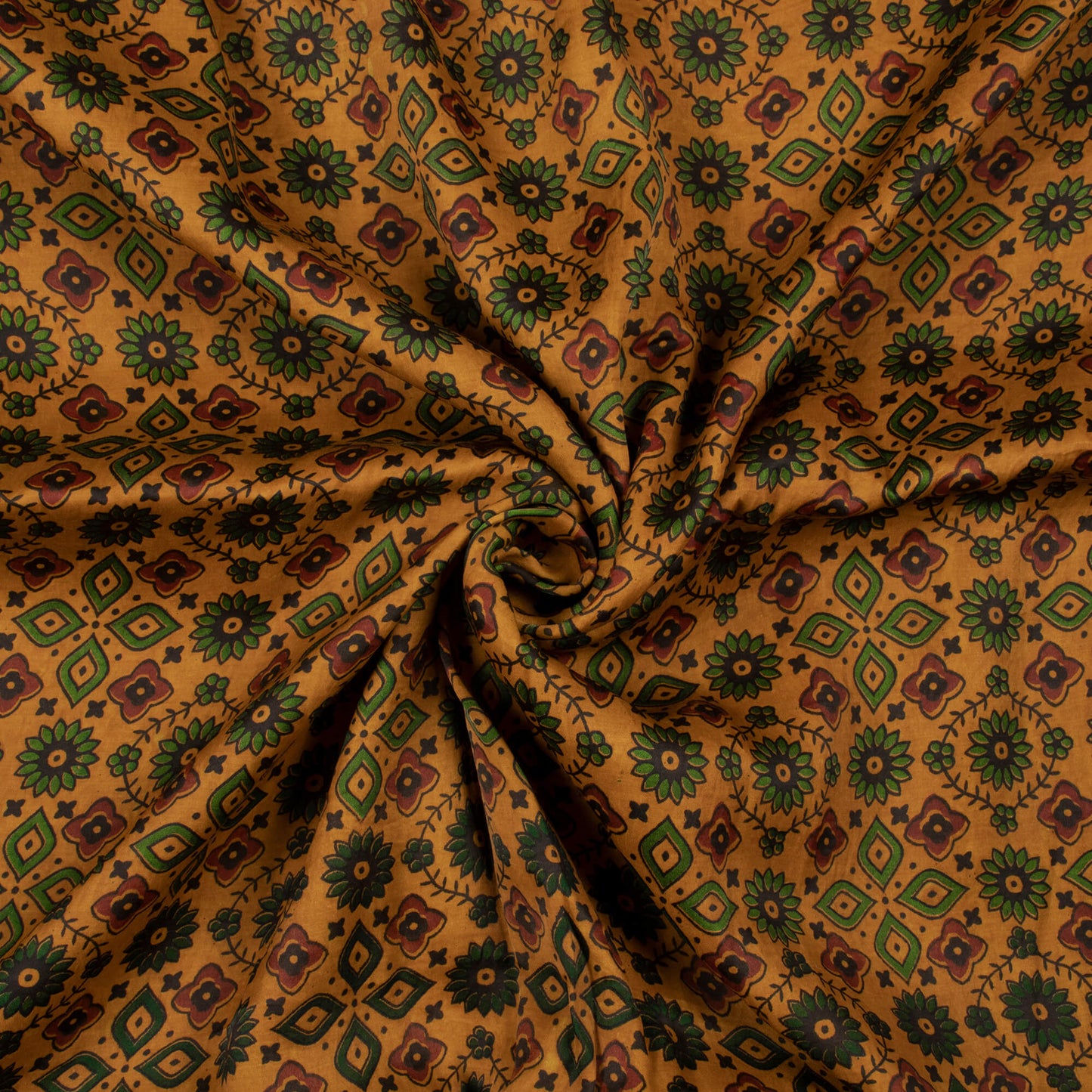 Dijon Yellow And Maroon Traditional Pattern Ajrakh Screen Print Viscose Modal Satin Fabric