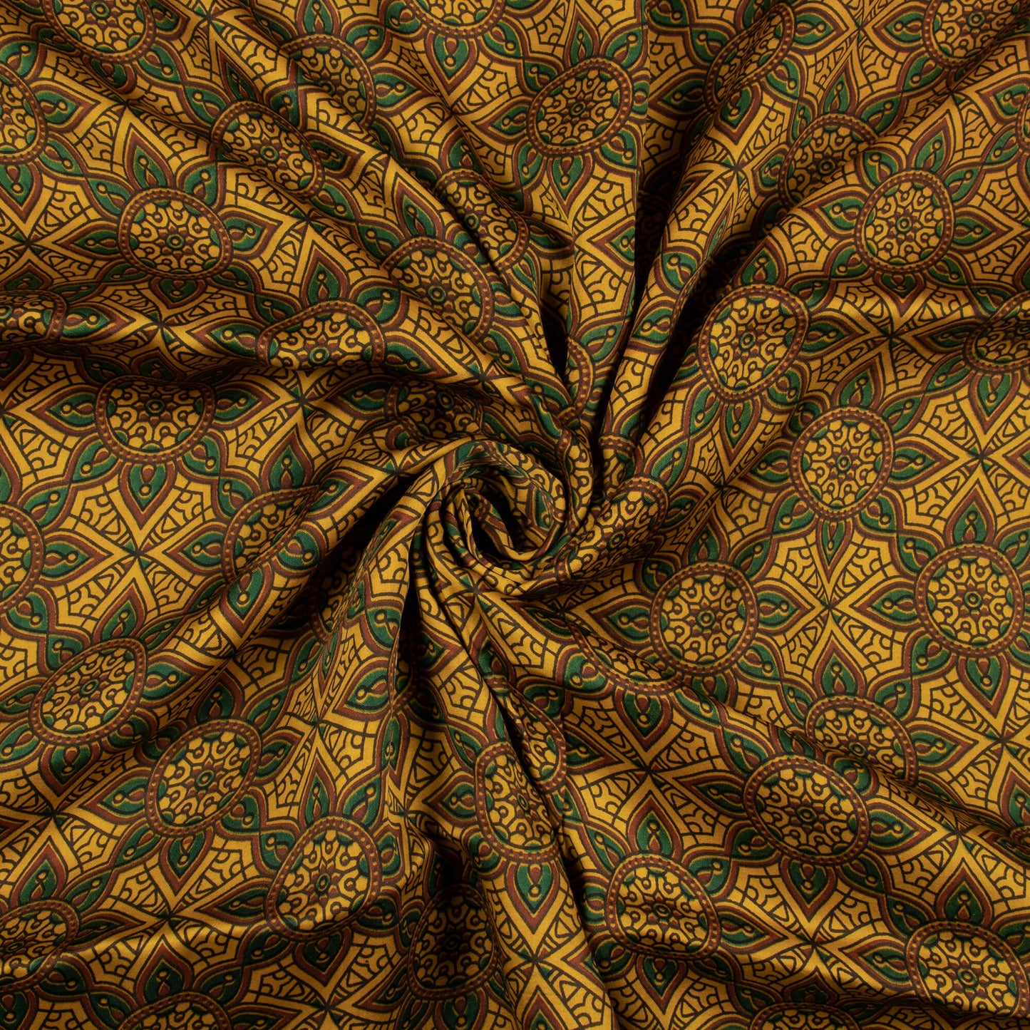 Amber Yellow And Green Traditional Pattern Ajrakh Screen Print Viscose Modal Satin Fabric