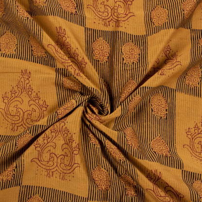 Dijon Yellow And Currant Red Traditional Pattern HandBlock Natural Dye Zari Bordered Bagh Print Pure Maheshwari Silk Fabric