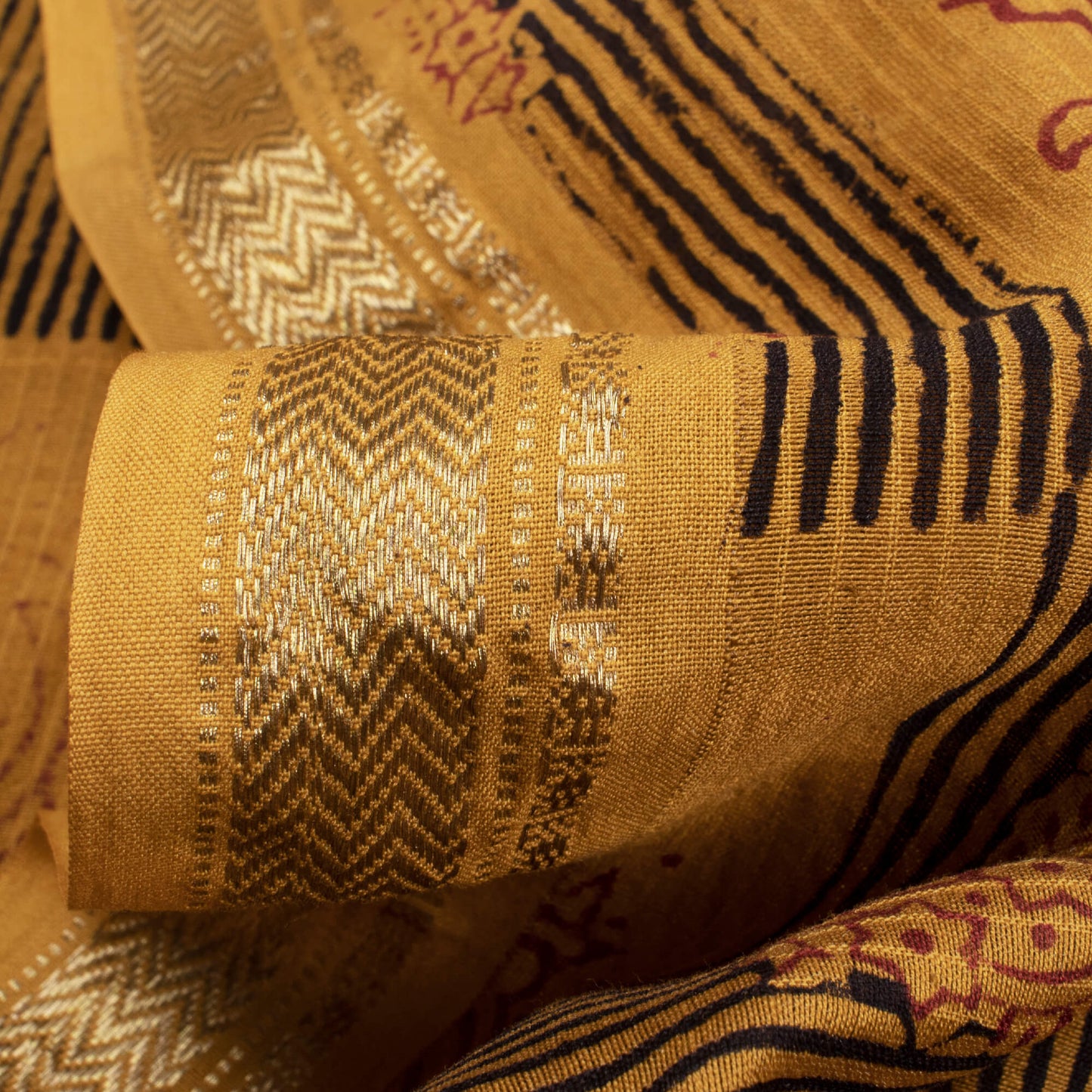 Dijon Yellow And Currant Red Traditional Pattern HandBlock Natural Dye Zari Bordered Bagh Print Pure Maheshwari Silk Fabric