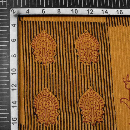 Dijon Yellow And Currant Red Traditional Pattern HandBlock Natural Dye Zari Bordered Bagh Print Pure Maheshwari Silk Fabric
