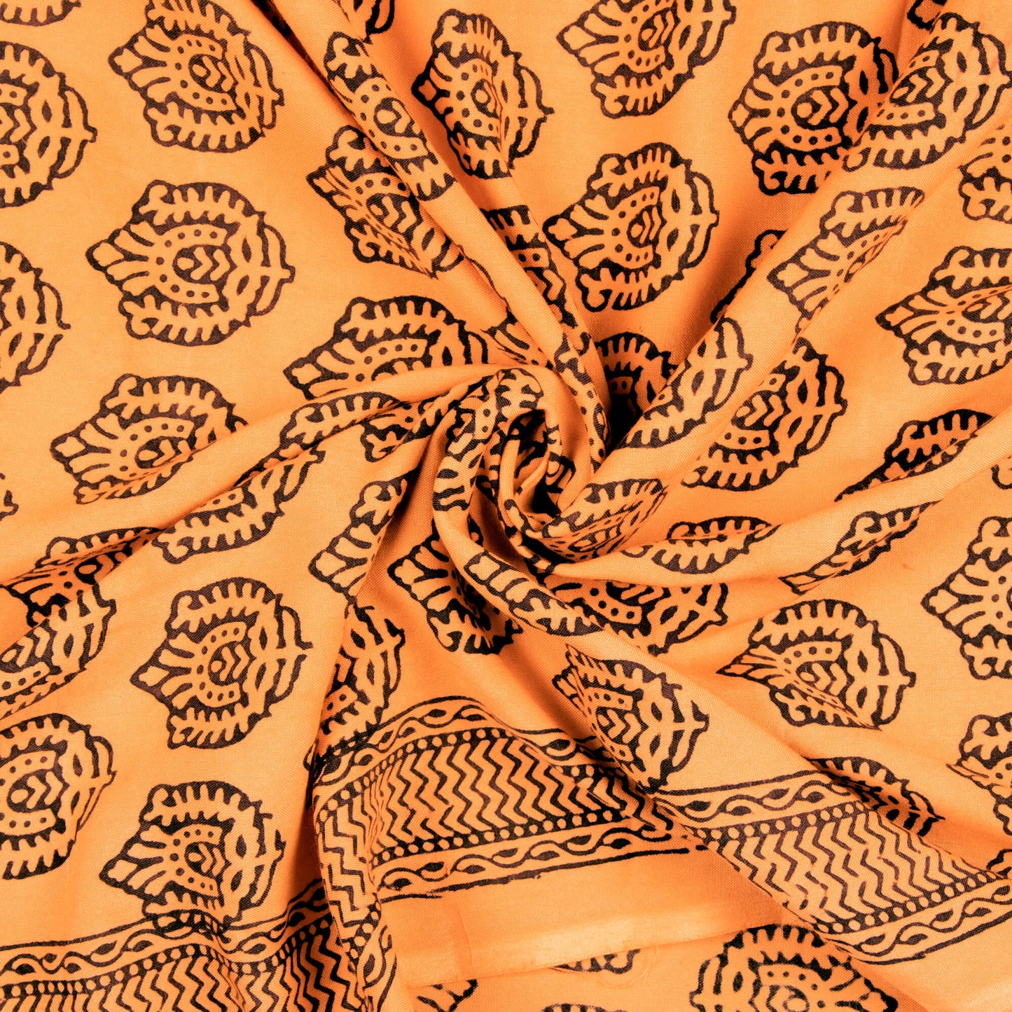 Apricot Orange And Black Booti Pattern Bagh Print Handblock Natural Dye Rayon Fabric