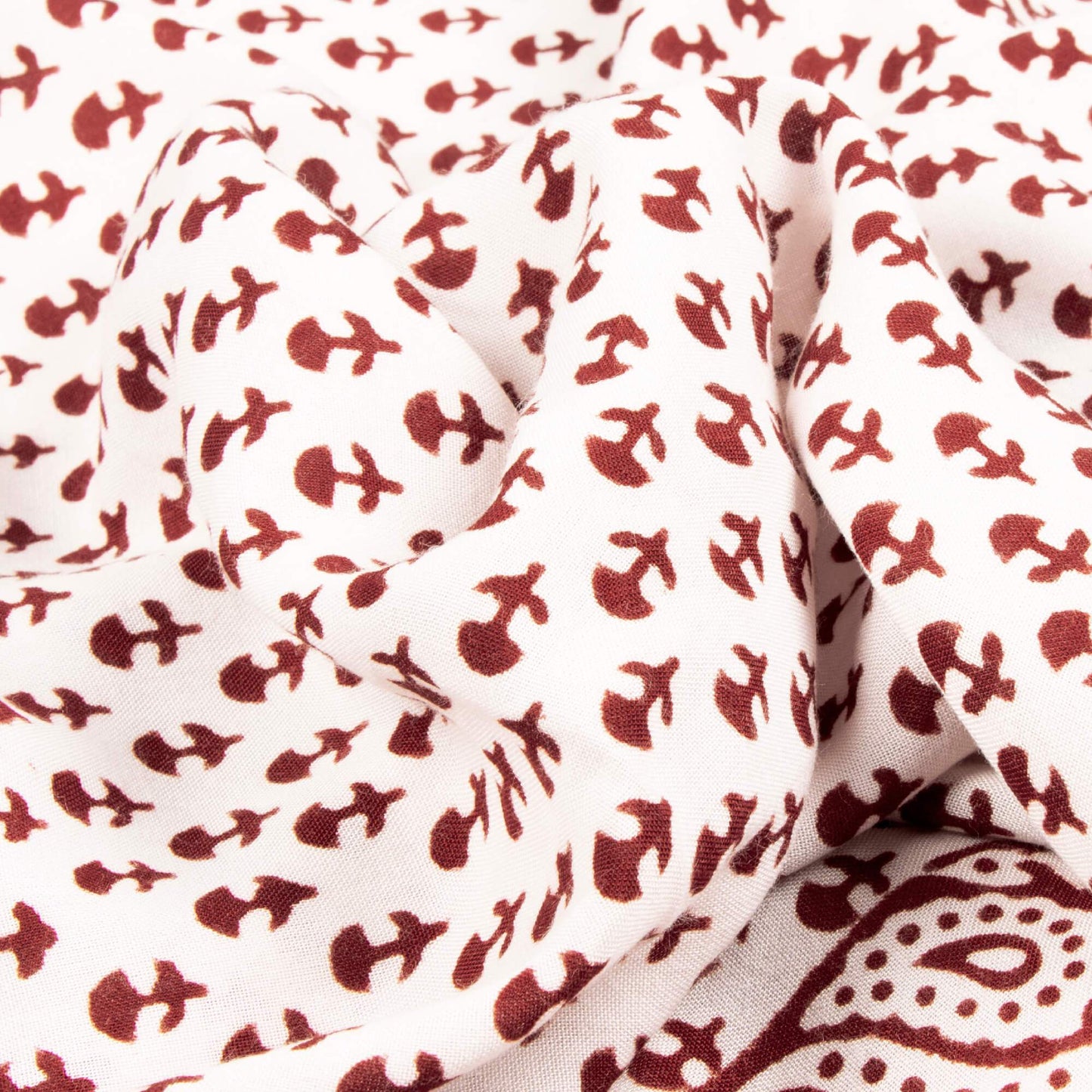 (Cut Piece 0.6 Mtr) Off White And Sangria Red Booti Pattern Bagh Print Handblock Natural Dye Rayon Fabric