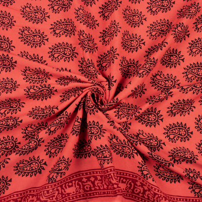 Indian Red And Black Paisely Pattern Bagh Print Handblock Natural Dye Rayon Fabric