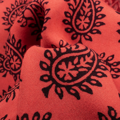 Indian Red And Black Paisely Pattern Bagh Print Handblock Natural Dye Rayon Fabric