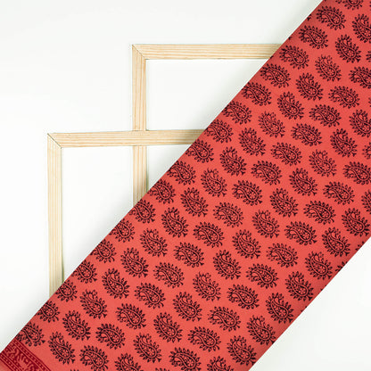 Indian Red And Black Paisely Pattern Bagh Print Handblock Natural Dye Rayon Fabric