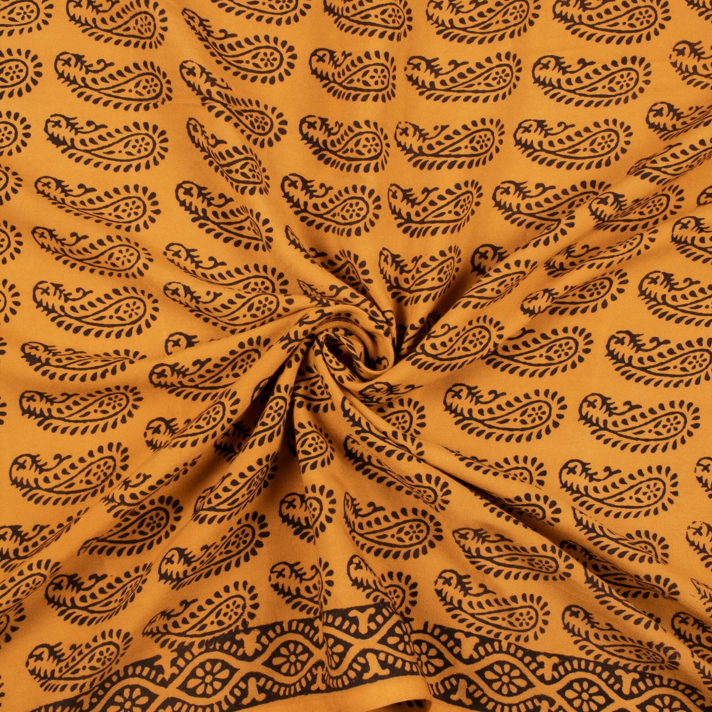Dijon Yellow And Black Paisely Pattern Bagh Print Handblock Natural Dye Rayon Fabric