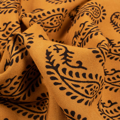 Dijon Yellow And Black Paisely Pattern Bagh Print Handblock Natural Dye Rayon Fabric