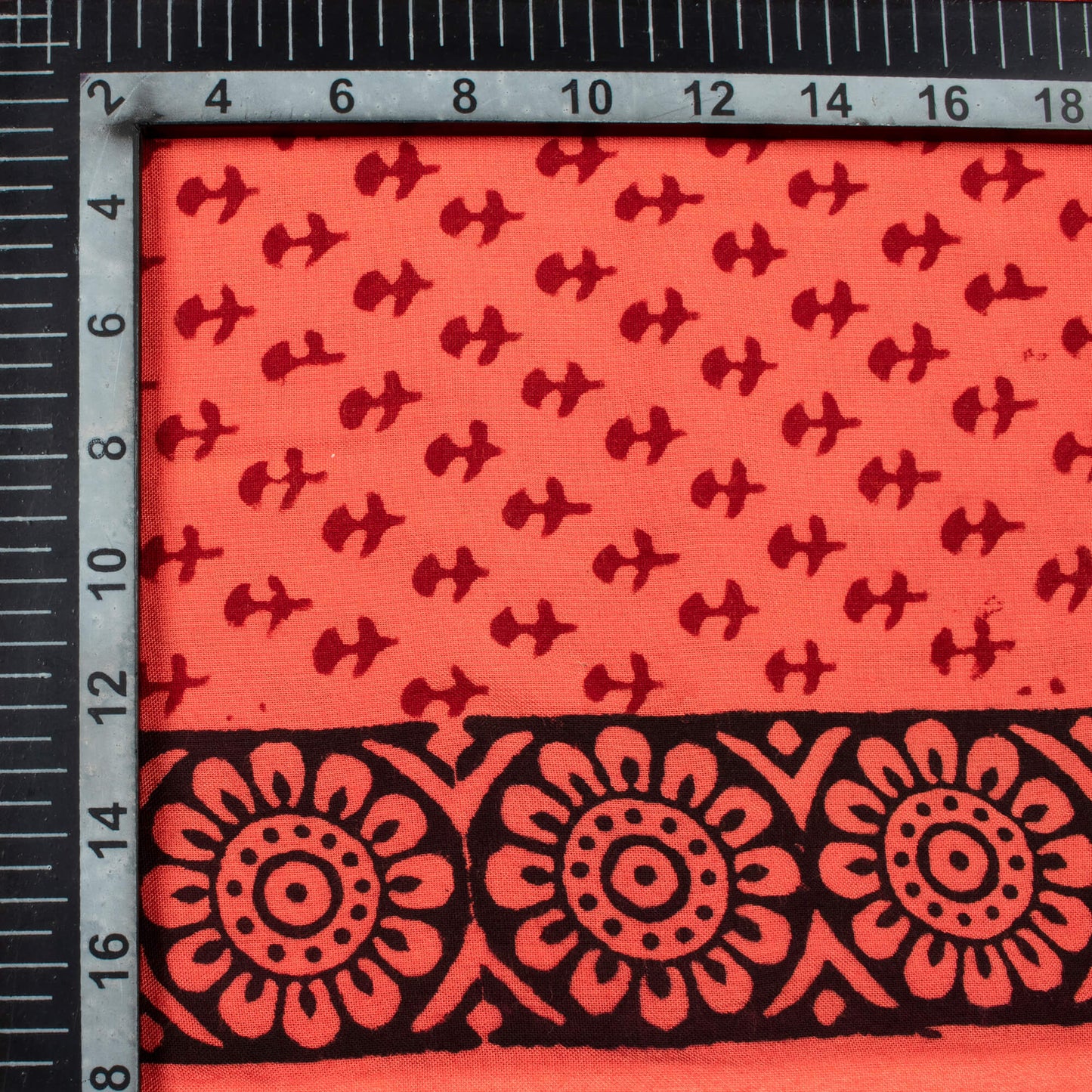 Dark Coral Orange And Maroon Botti Pattern Bagh Print Handblock Natural Dye Rayon Fabric