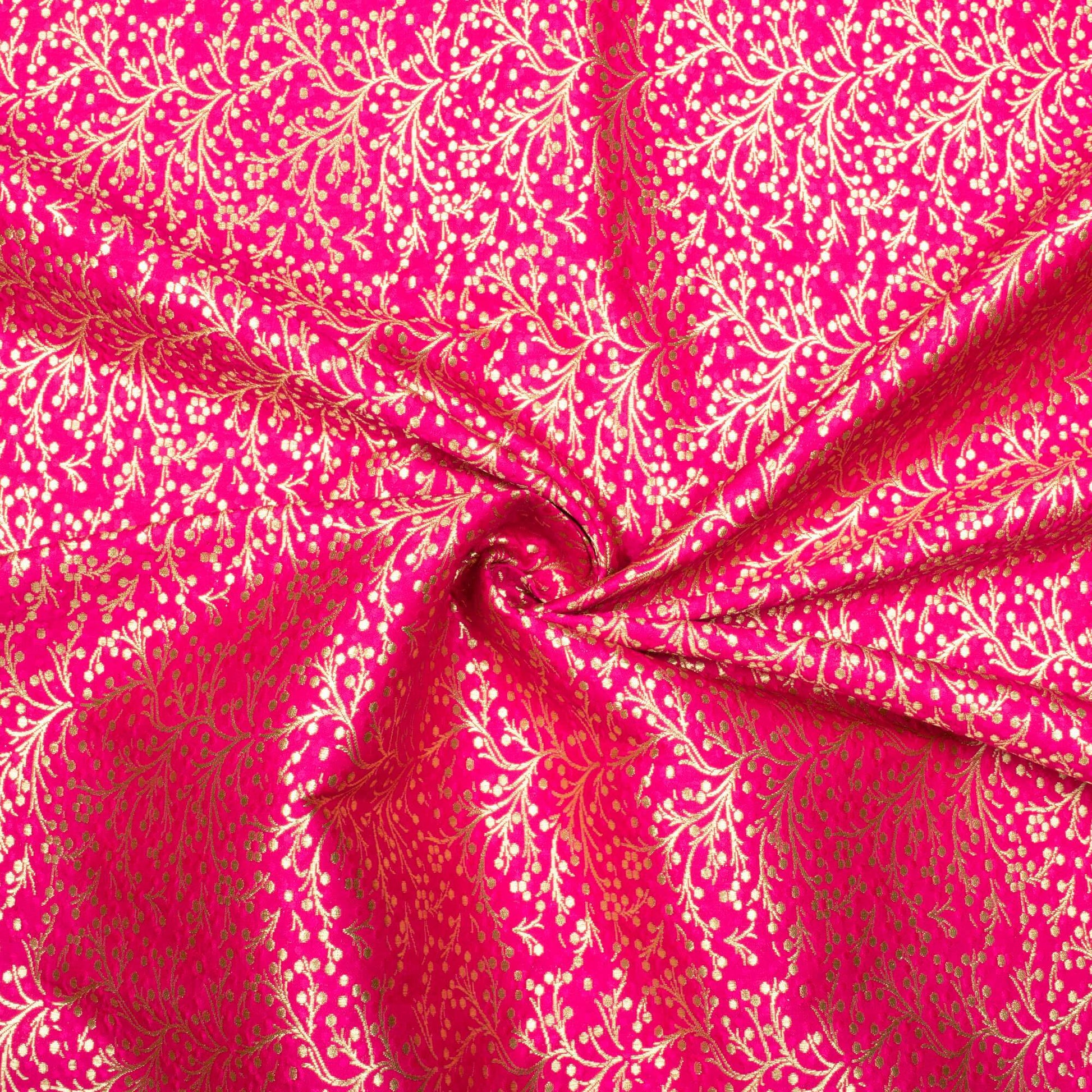 Magenta Pink Floral Pattern Dobby Zari Jacquard Banarasi Silk Satin Fabric - Fabcurate
