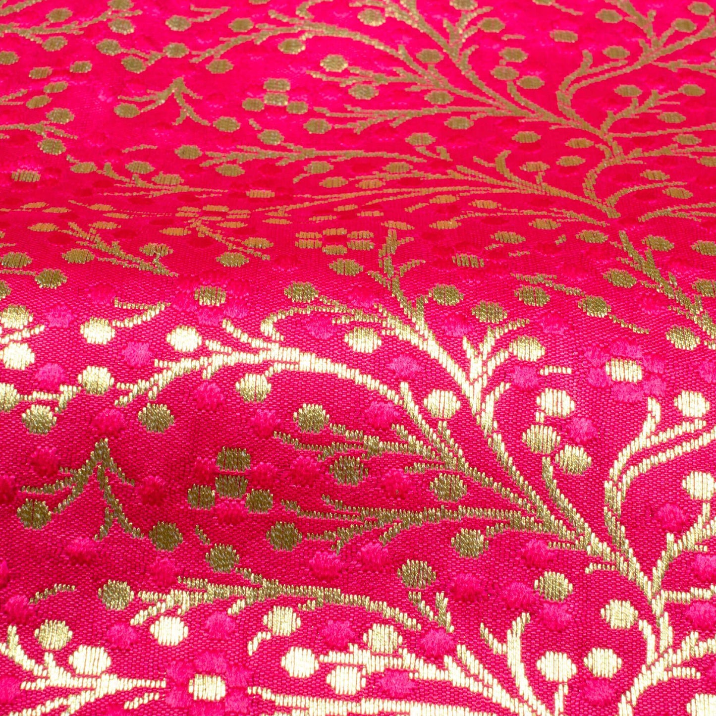 Magenta Pink Floral Pattern Dobby Zari Jacquard Banarasi Silk Satin Fabric - Fabcurate