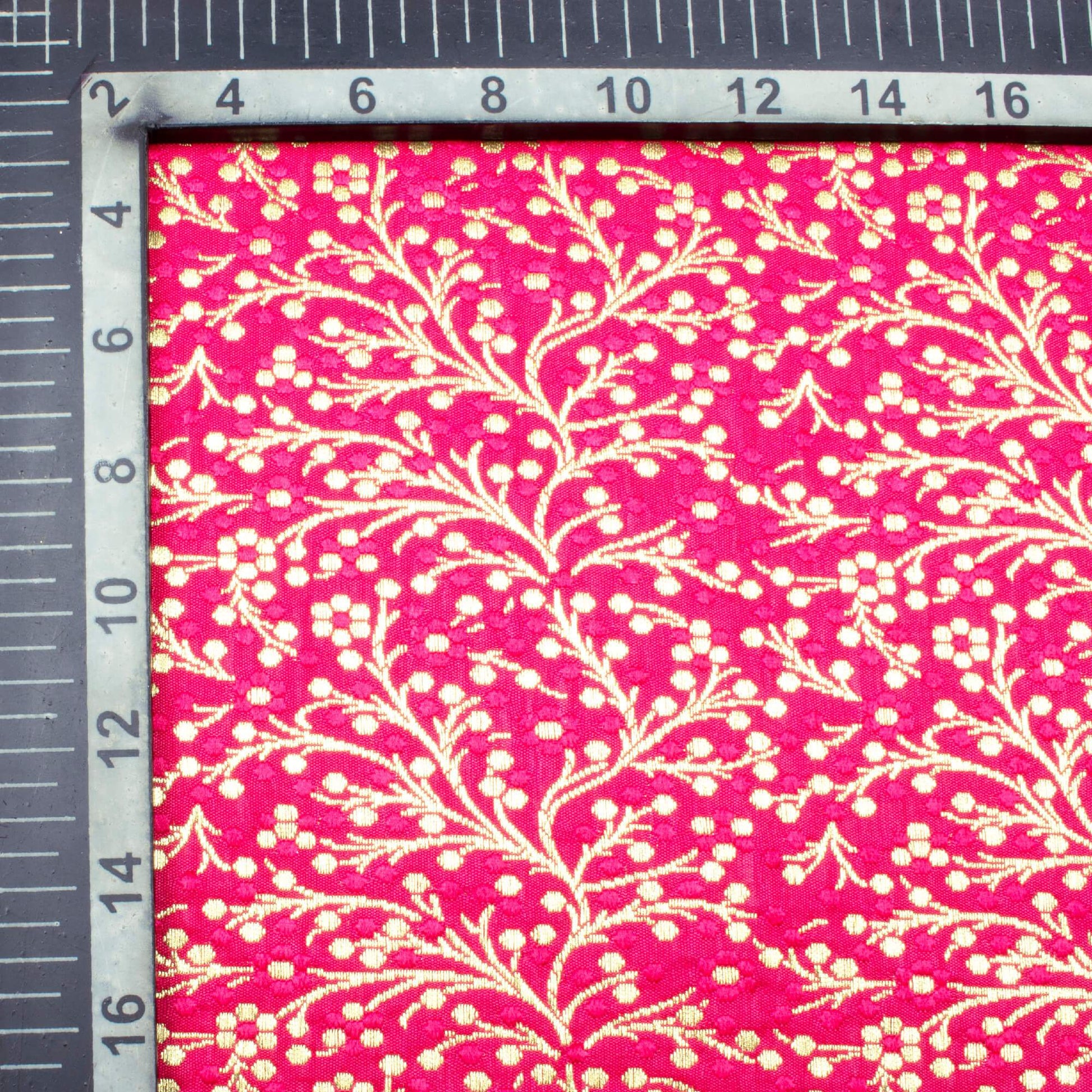 Magenta Pink Floral Pattern Dobby Zari Jacquard Banarasi Silk Satin Fabric - Fabcurate