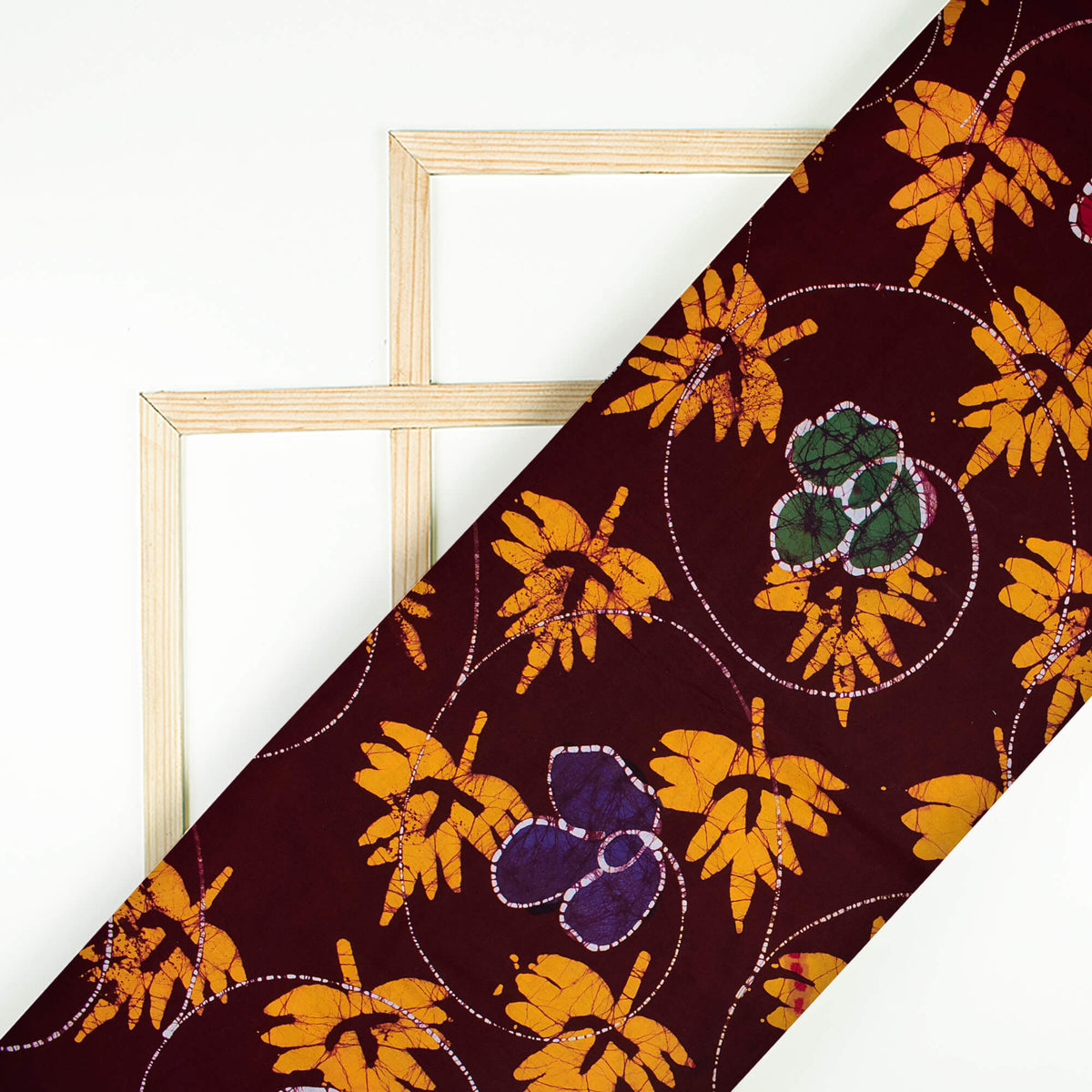 Seal Brown And Fire Yellow Floral Pattern Kutch Wax Batik Handblock Cotton Fabric
