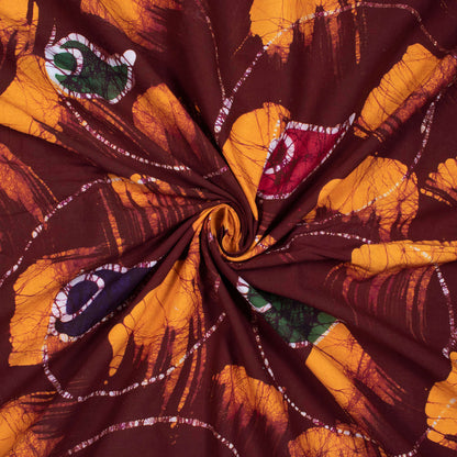 Seal Brown And Fire Yellow Paisley Pattern Kutch Wax Batik Handblock Cotton Fabric