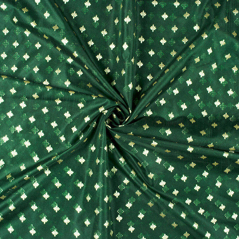 Dark Green Geometric Pattern Zari Jacquard Banarasi Premium Organza Silk Fabric - Fabcurate
