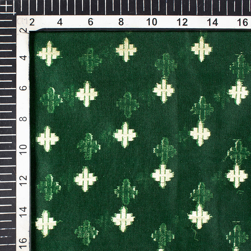 Dark Green Geometric Pattern Zari Jacquard Banarasi Premium Organza Silk Fabric - Fabcurate