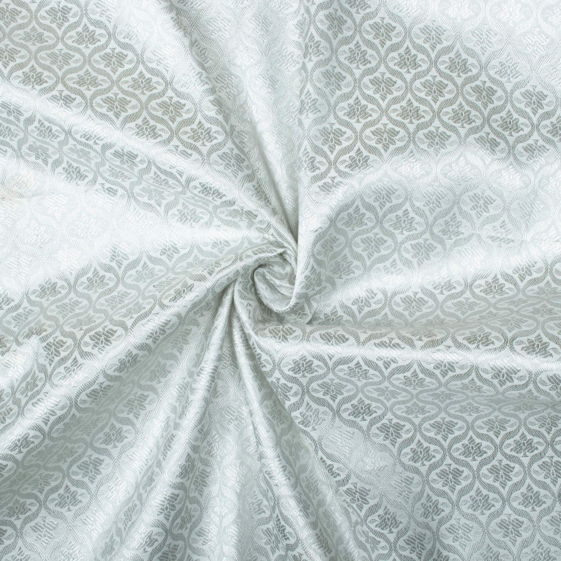 White Trellis Pattern Silver Zari Jacquard Banarasi Chanderi Fabric - Fabcurate