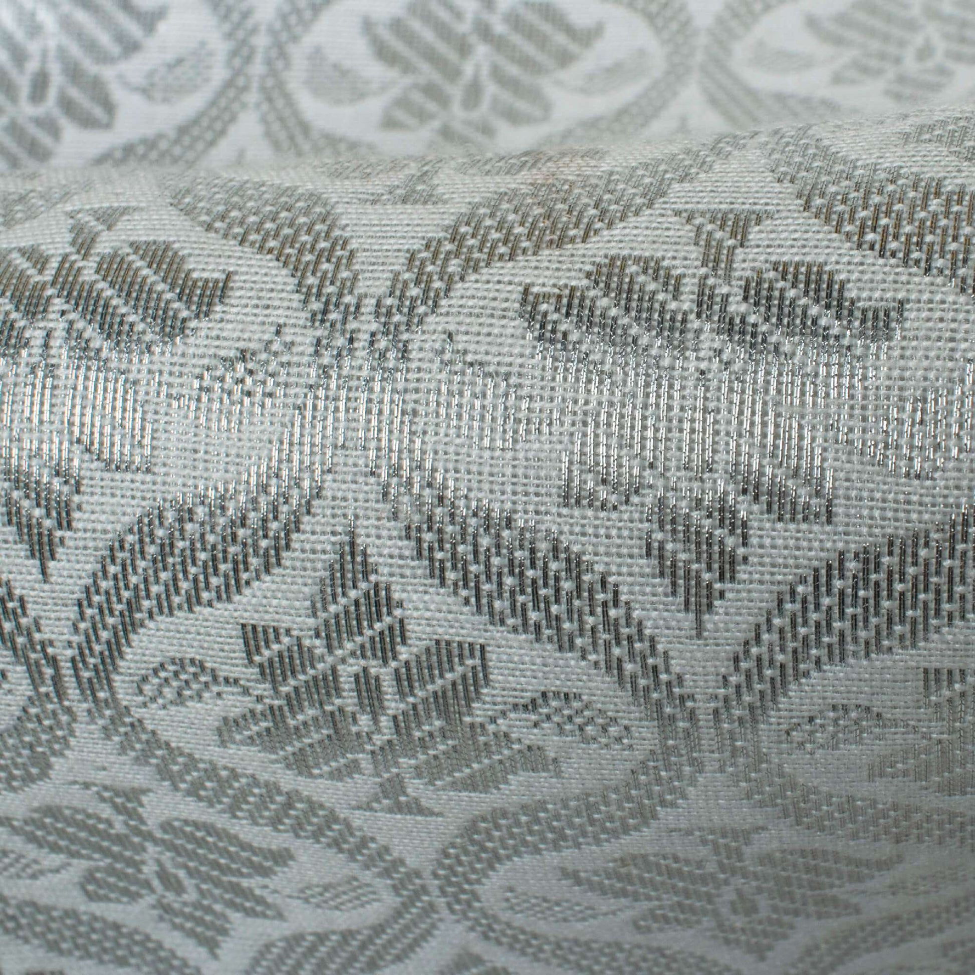 White Trellis Pattern Silver Zari Jacquard Banarasi Chanderi Fabric - Fabcurate