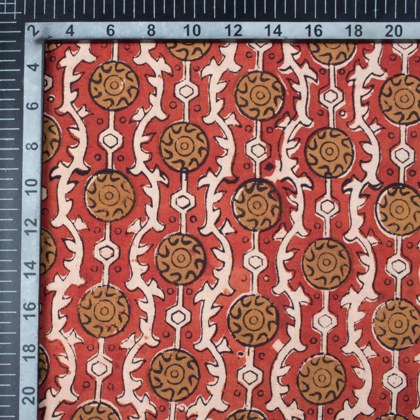 Brick Red And Dijon Yellow Geometric Pattern Bagru Dabu Handblock Cotton Fabric