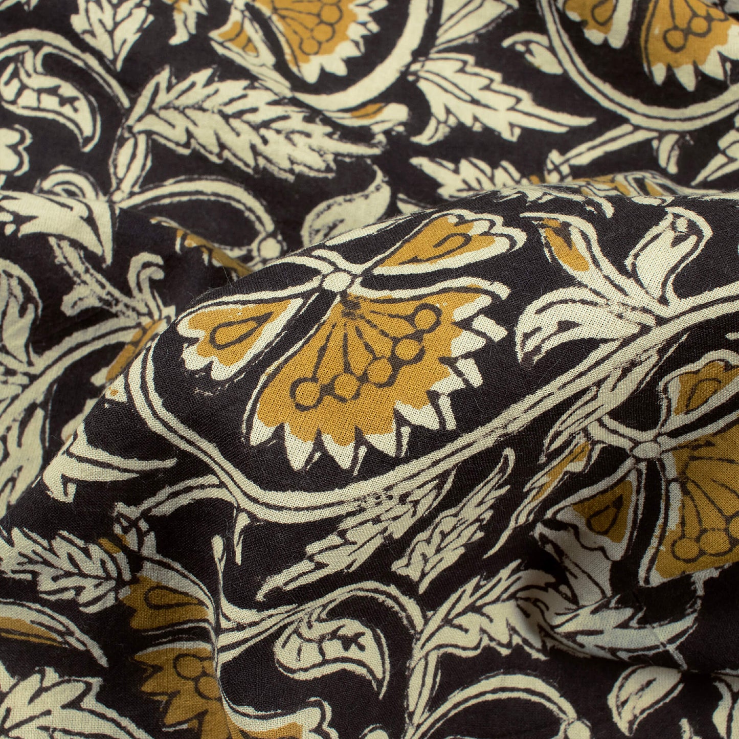 Black And Dijon Yellow Floral Pattern Bagru Dabu Handblock Cotton Fabric
