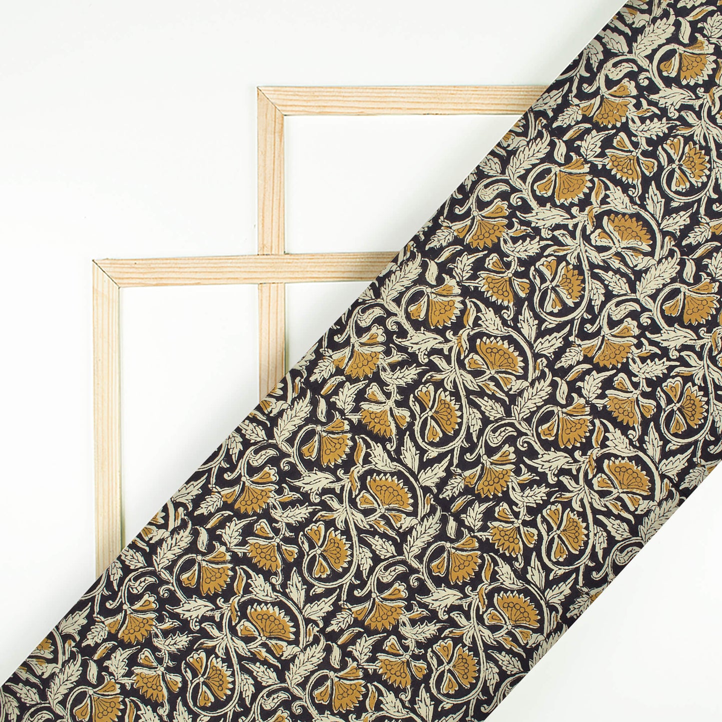 Black And Dijon Yellow Floral Pattern Bagru Dabu Handblock Cotton Fabric