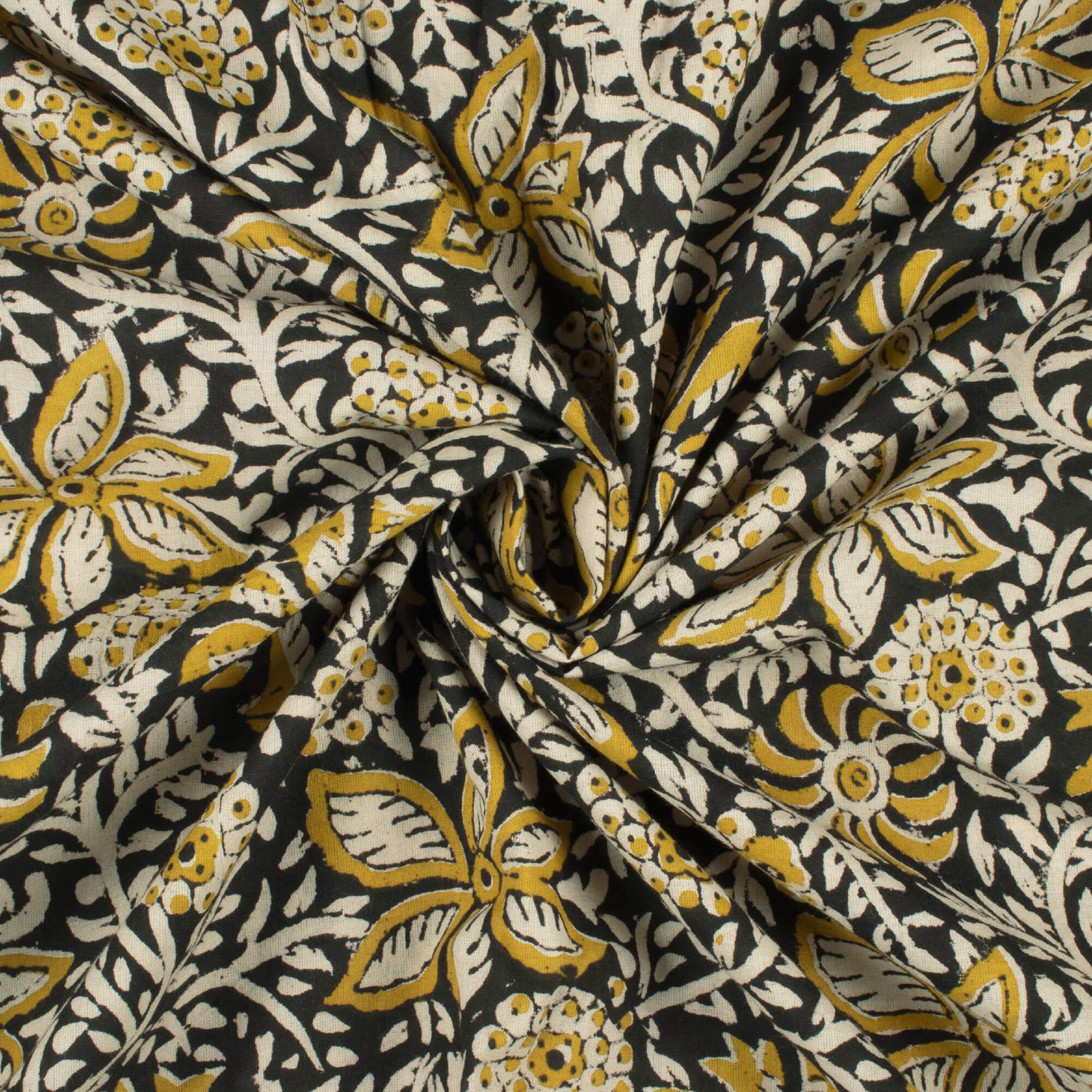 Black And Yellow Floral Pattern Bagru Dabu Handblock Cotton Fabric