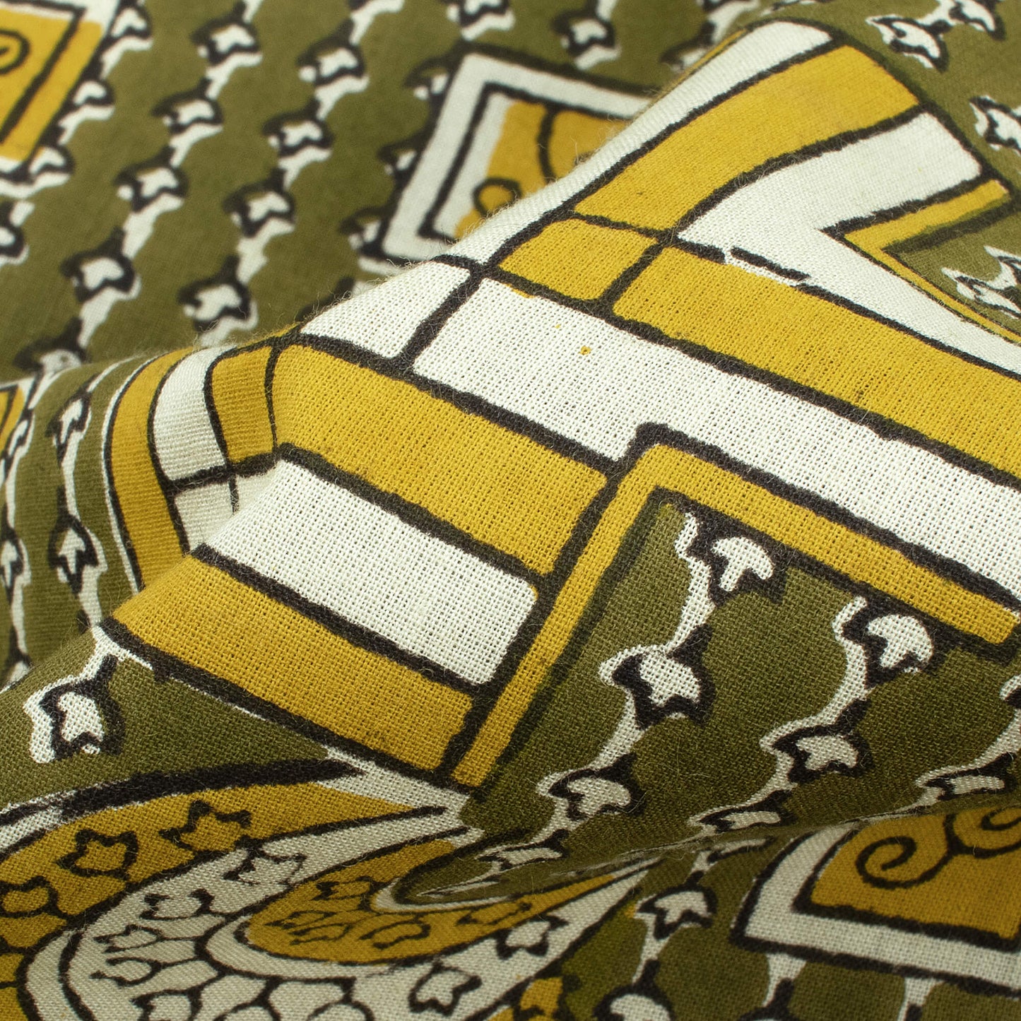 Moss Green And Dijon Yellow Traditional Pattern Bagru Dabu Handblock Cotton Fabric