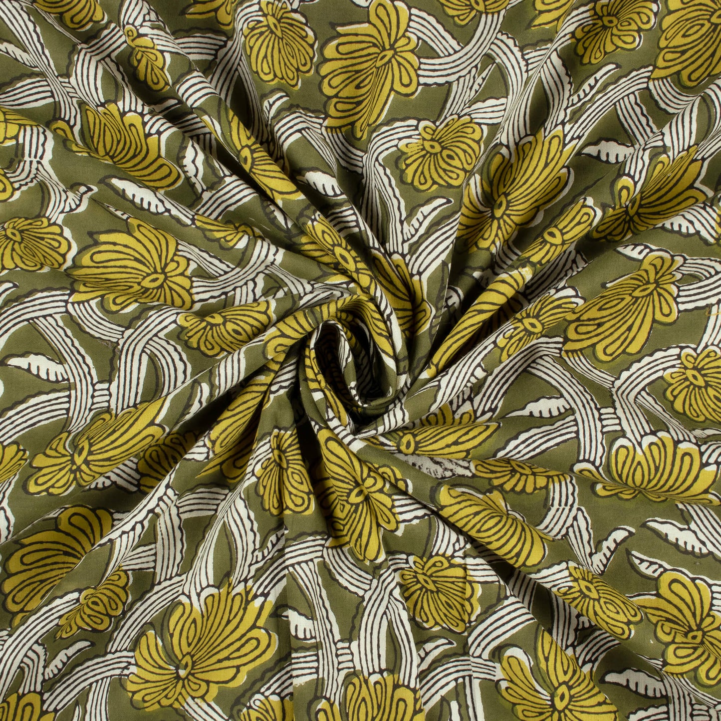 Moss Green And Dijon Yellow Floral Pattern Bagru Dabu Handblock Cotton Fabric