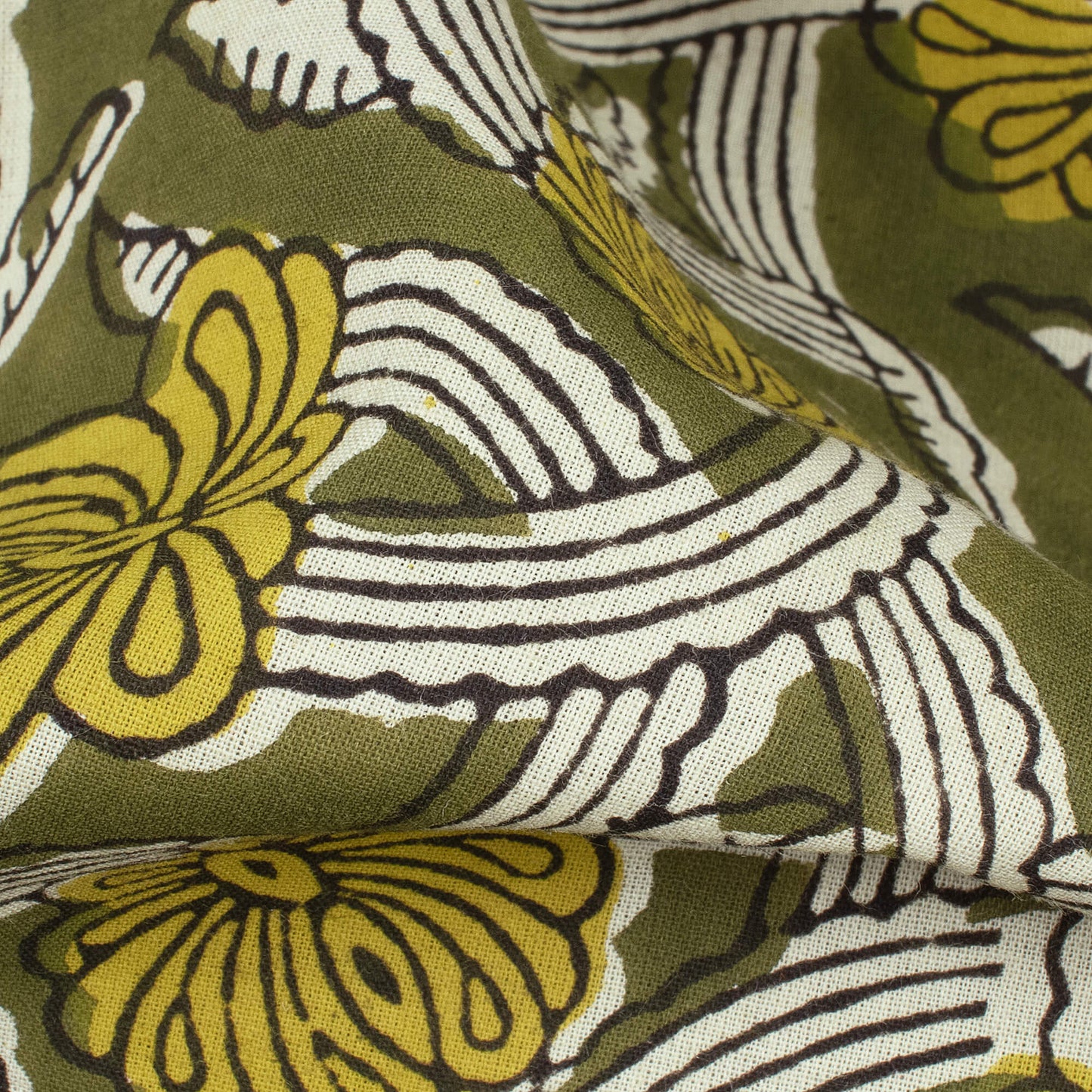 Moss Green And Dijon Yellow Floral Pattern Bagru Dabu Handblock Cotton Fabric