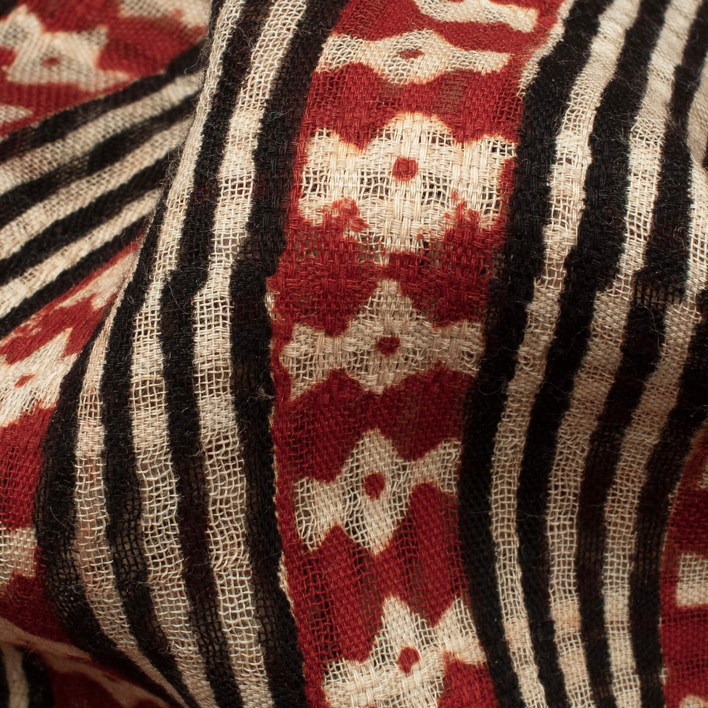 Brick Red And Black Stripes Pattern Bagru Dabu Handblock Jacquard Cotton Mulmul Fabric