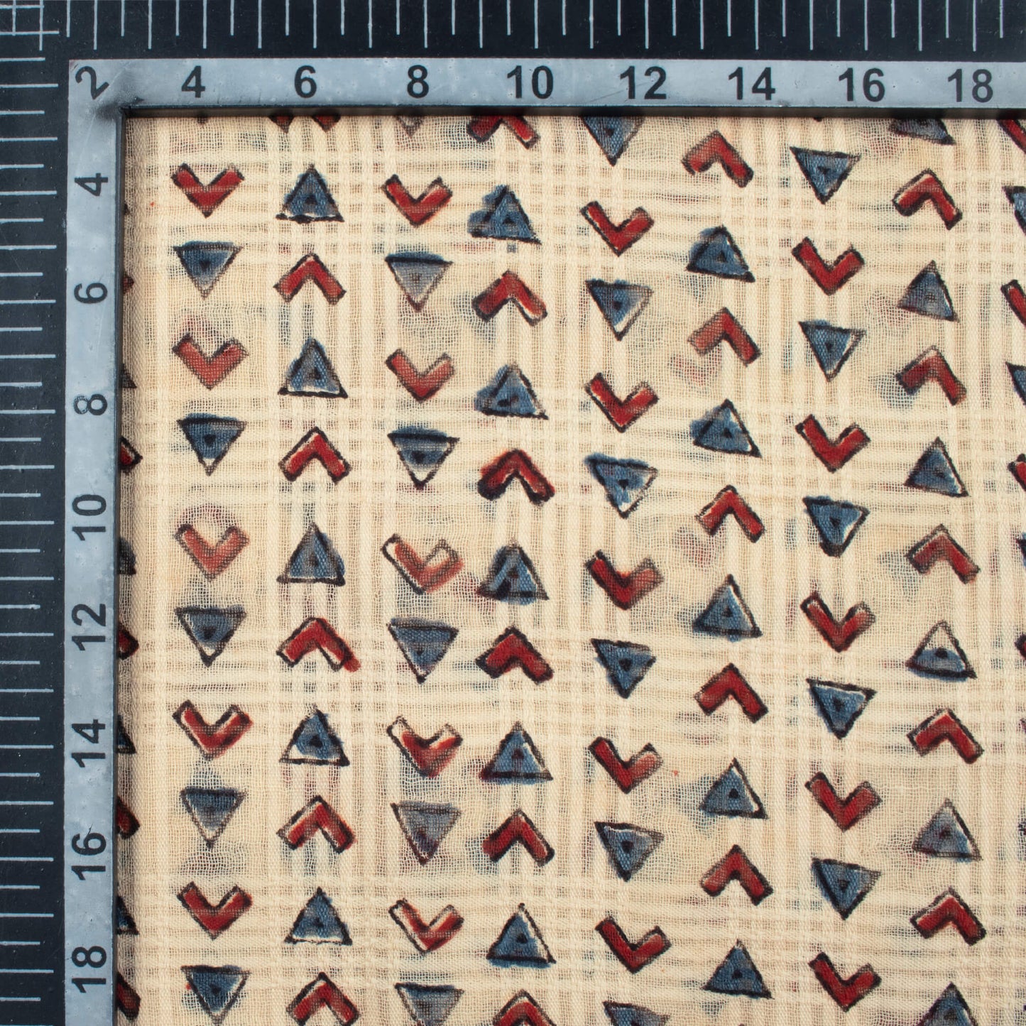 Oat Beige And Brick Red Geometric Pattern Bagru Dabu Handblock Jacquard Cotton Mulmul Fabric