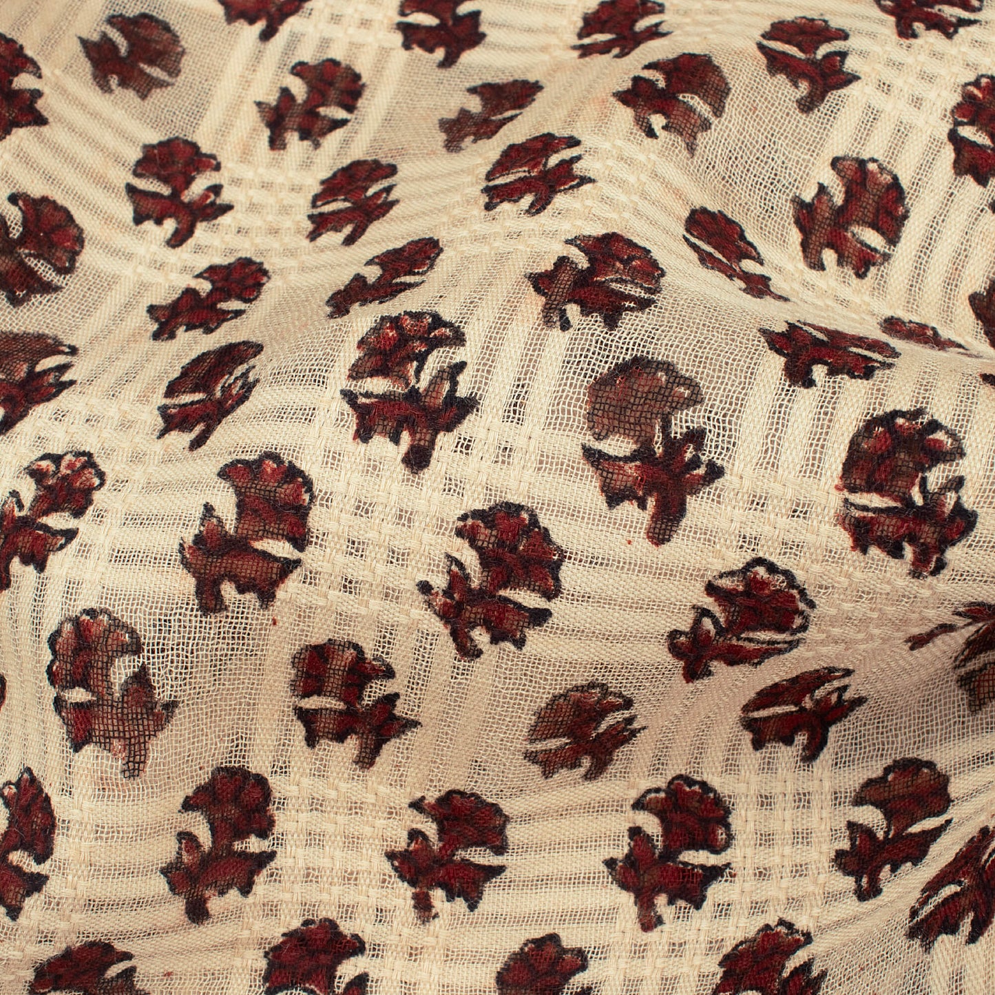Oat Beige And Brick Red Booti Pattern Bagru Dabu Handblock Jacquard Cotton Mulmul Fabric
