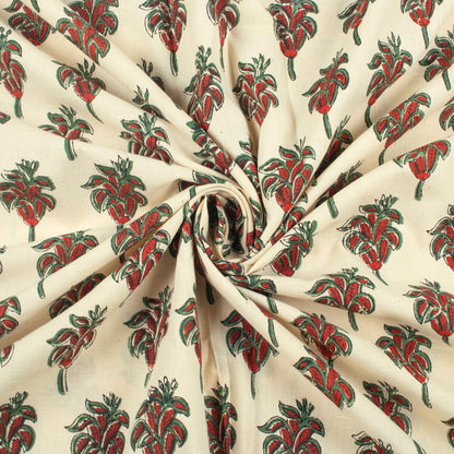 Oat Beige And Vermilion Red Floral Pattern Bagru Dabu Handblock Cotton Fabric
