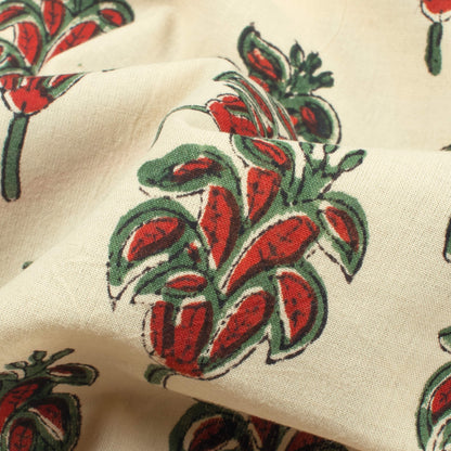 Oat Beige And Vermilion Red Floral Pattern Bagru Dabu Handblock Cotton Fabric