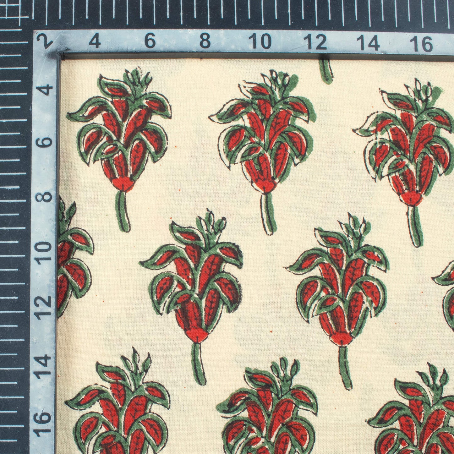 Oat Beige And Vermilion Red Floral Pattern Bagru Dabu Handblock Cotton Fabric
