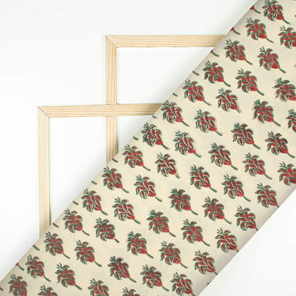 Oat Beige And Vermilion Red Floral Pattern Bagru Dabu Handblock Cotton Fabric