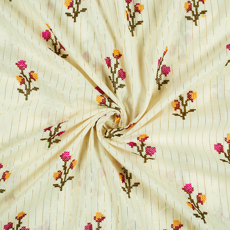 Off White And Fuchsia Floral Pattern  Embroidery Cotton Lurex Fabric - Fabcurate
