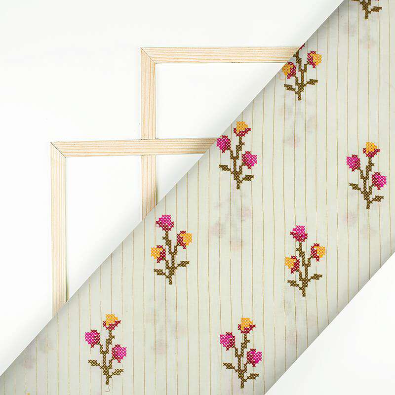 Off White And Fuchsia Floral Pattern  Embroidery Cotton Lurex Fabric - Fabcurate