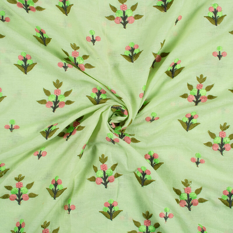 Pistachio Green And Pickle Green Floral Pattern Embroidery Cotton By Linen Fabric - Fabcurate