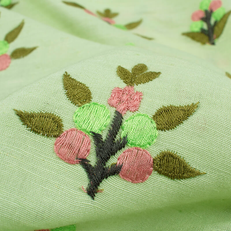 Pistachio Green And Pickle Green Floral Pattern Embroidery Cotton By Linen Fabric - Fabcurate