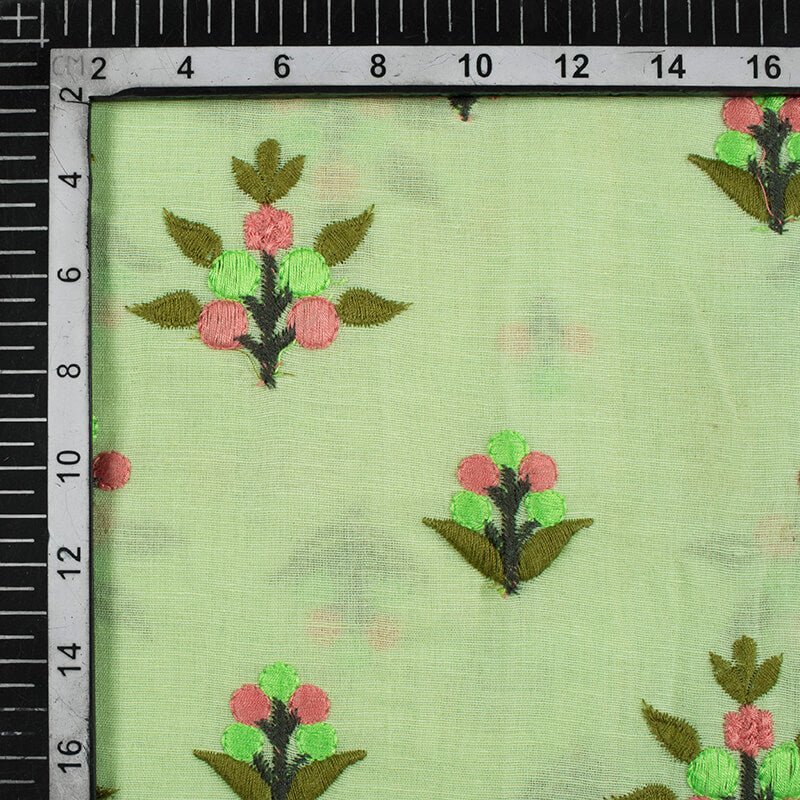 Pistachio Green And Pickle Green Floral Pattern Embroidery Cotton By Linen Fabric - Fabcurate