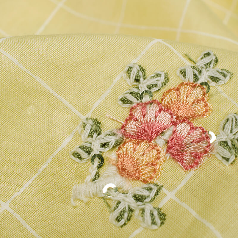 Pastel Yellow Floral Pattern Embroidery Khari Checks Cotton Fabric - Fabcurate