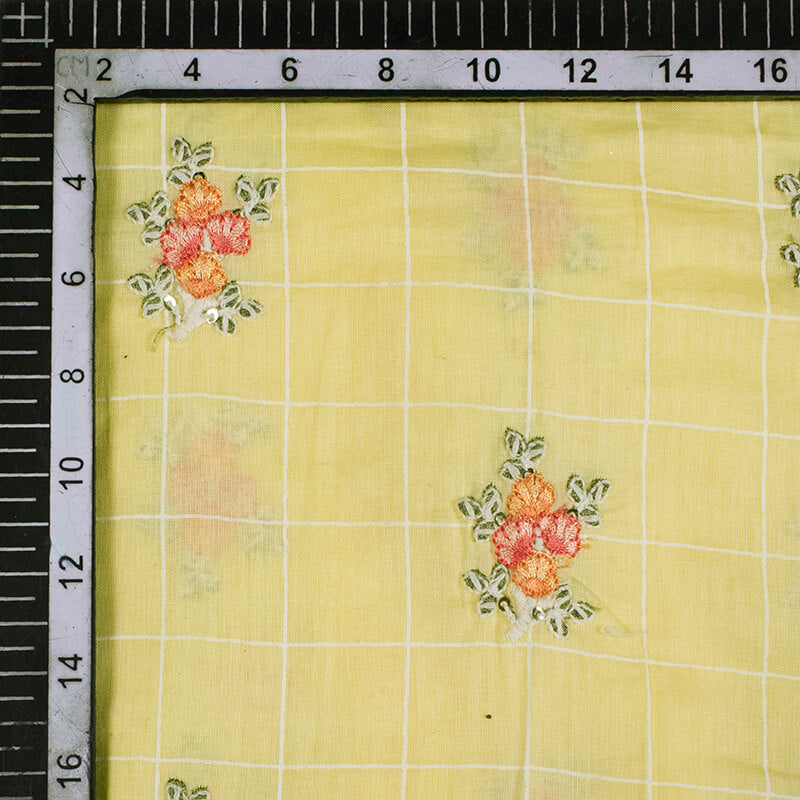 Pastel Yellow Floral Pattern Embroidery Khari Checks Cotton Fabric - Fabcurate