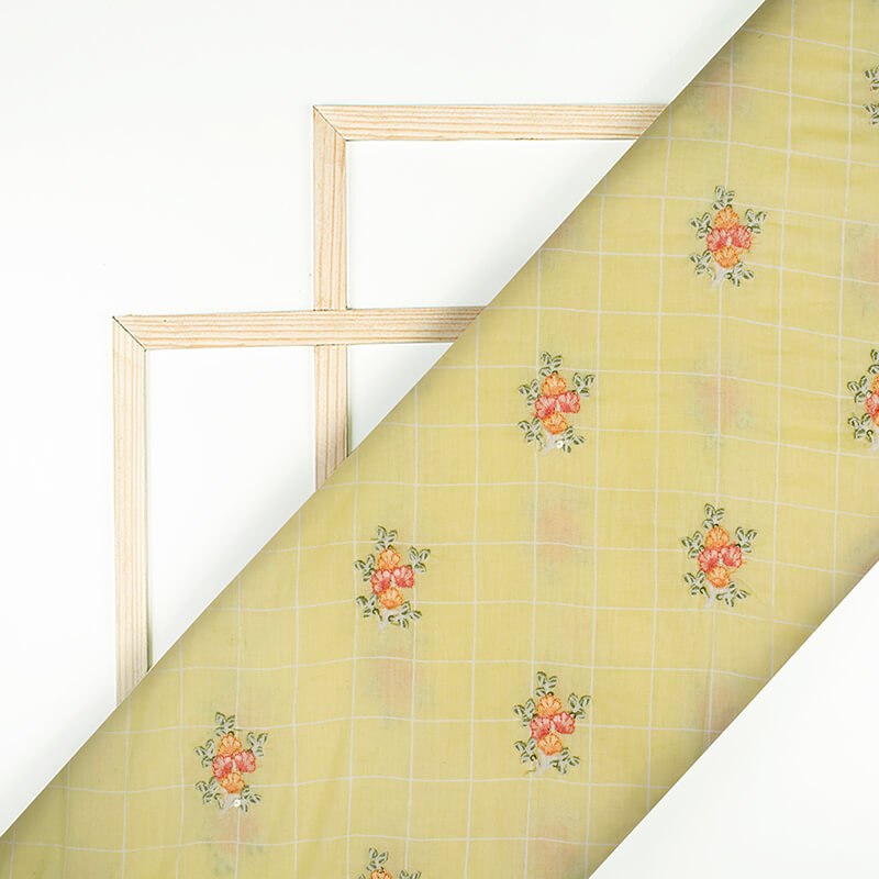 Pastel Yellow Floral Pattern Embroidery Khari Checks Cotton Fabric - Fabcurate