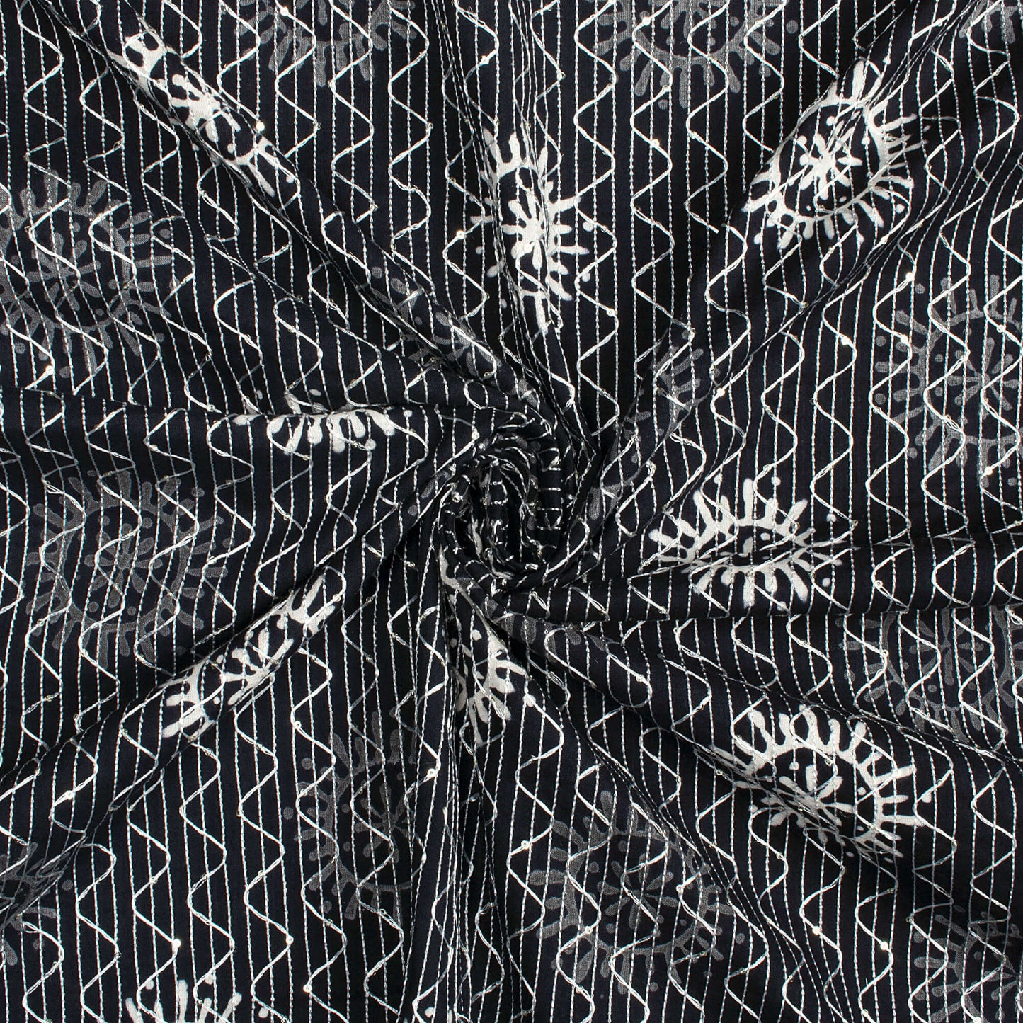 Monochrome Traditional Pattern Sequins Embroidery Handblock Cotton Fabric