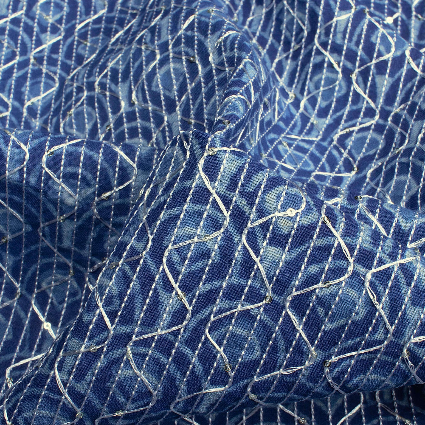 Indigo Trellis Pattern Sequins Embroidery Natural Dye Akola Handblock Cotton Fabric