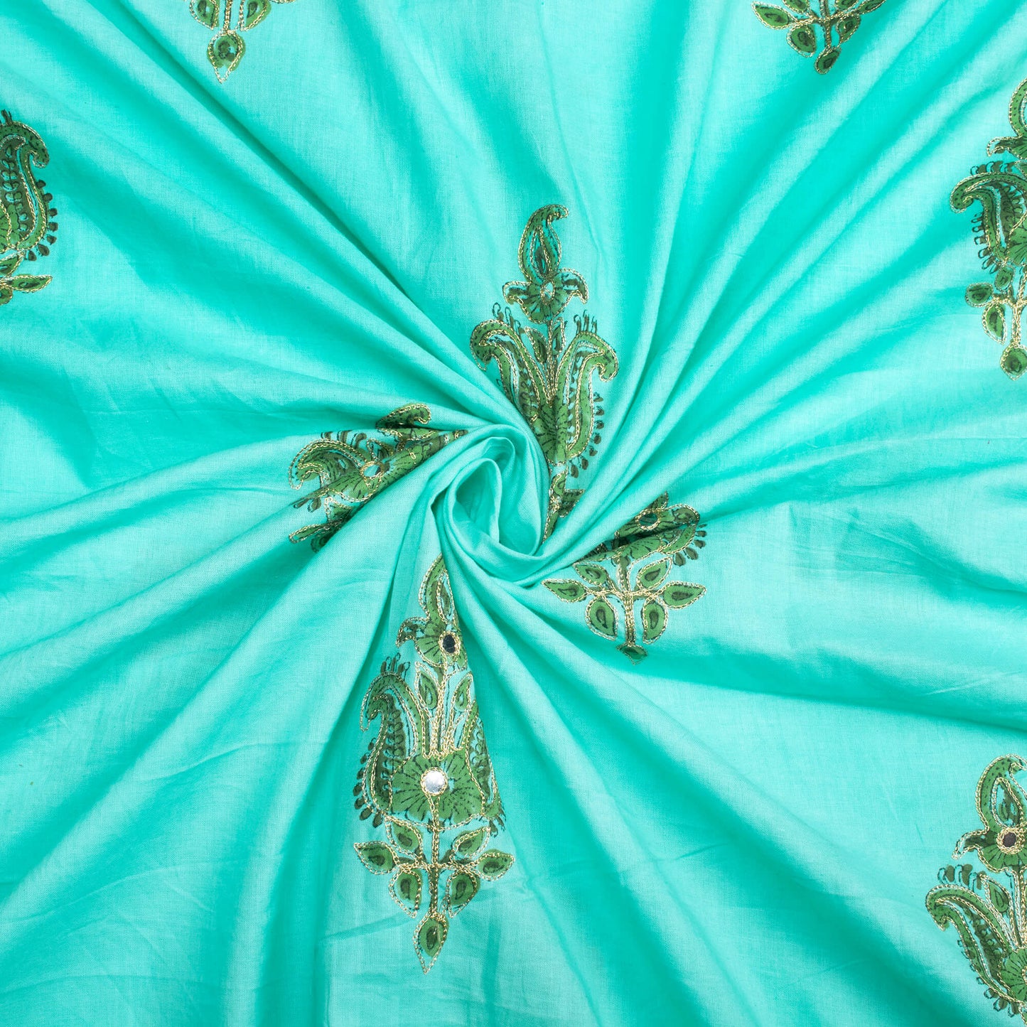 Belize Blue And Green Floral Pattern Embroidery With Foil Mirror Work Handblock Natural Dye Cotton Fabric