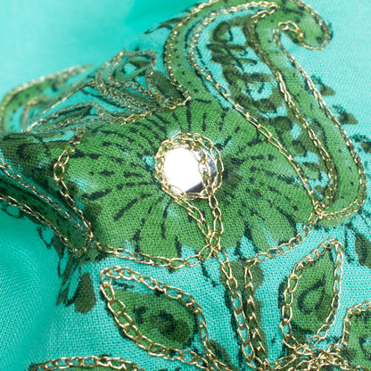 Belize Blue And Green Floral Pattern Embroidery With Foil Mirror Work Handblock Natural Dye Cotton Fabric