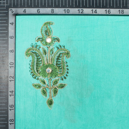 Belize Blue And Green Floral Pattern Embroidery With Foil Mirror Work Handblock Natural Dye Cotton Fabric